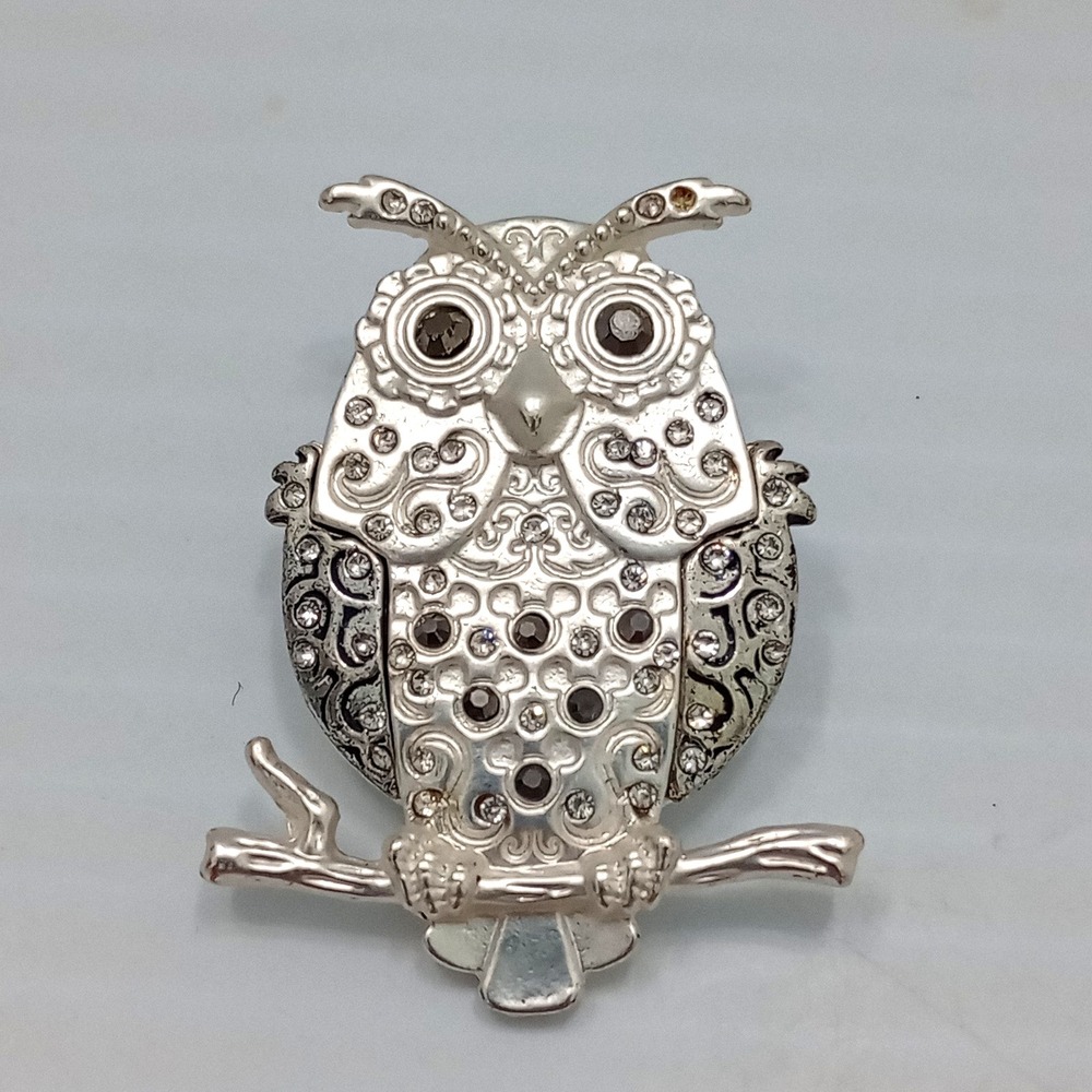 Disney Owl Brooch Rhinestone‎ Silver Tone Crystal Pin Vtg Y2K Flaw